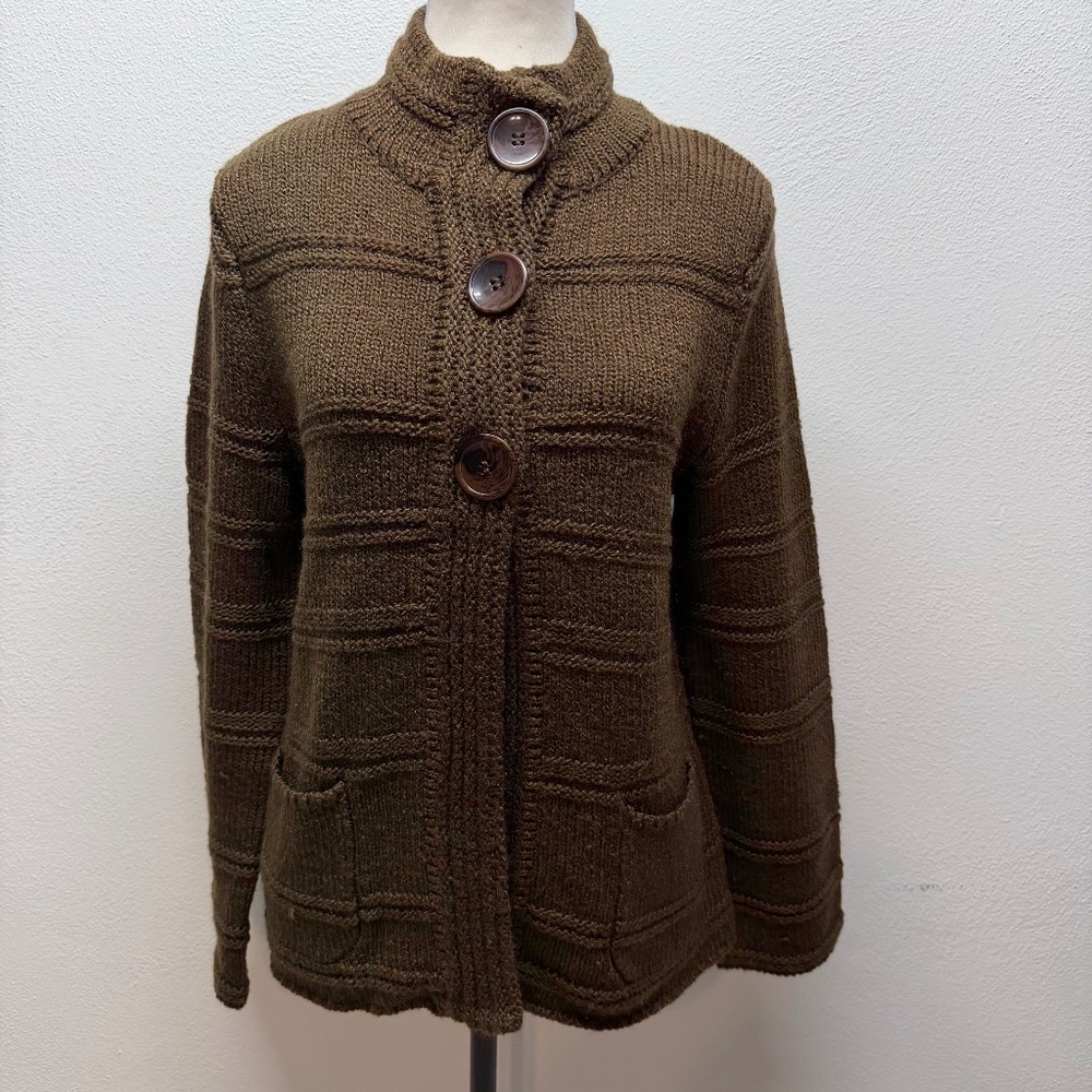 LH‎ Sport Cardigan 3 Button High Color Snap Long Sleeve Brown Sweater Size L